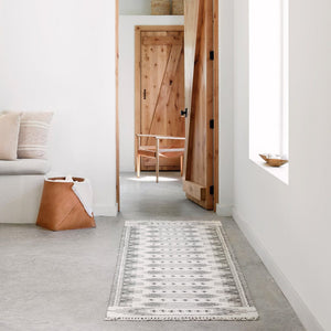 Modern Kilim Runner in Grey and Cream with Leather Basket