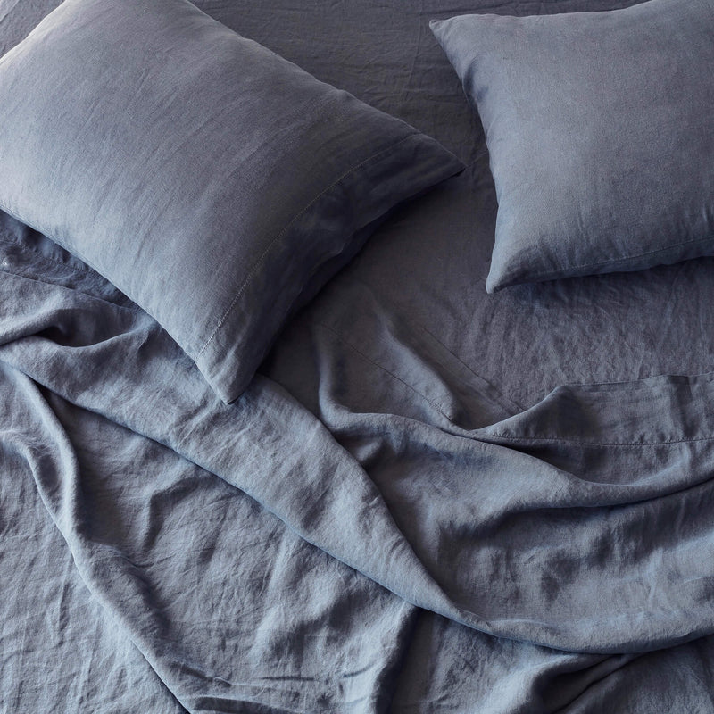 Stonewashed Linen Fitted Bed Sheet | Full | Slate Blue - The Citizenry