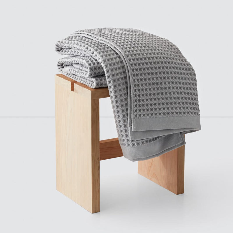 Solid Wood Bath Stool and Grey Waffle Towels at The Citizenry, natural