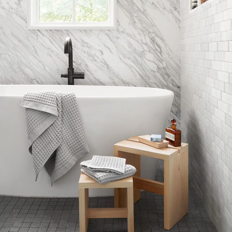 Modern Wood Bath Stools and Grey Waffle Towels, natural